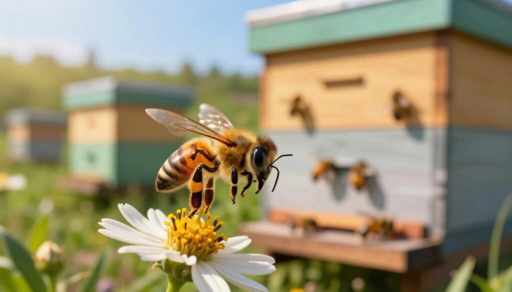 A serene scene featuring a vibrant honey bee in the foreground, gently hovering near a blooming flower, showcasing its delicate wings in exquisite detail. The middle ground reveals a healthy beehive with bees actively working, emphasizing a harmonious and productive environment. In the background, soft green foliage and a clear blue sky create a tranquil atmosphere, symbolizing natural resilience. The lighting is warm and inviting, reminiscent of a late afternoon sun, casting gentle shadows that enhance the depth of the scene. Capture the essence of a stress-free bee colony with a focus on the bees’ interaction with their environment, evoking feelings of peace and health. The image should be vibrant, colorful, and inspiring, free from any distractions.