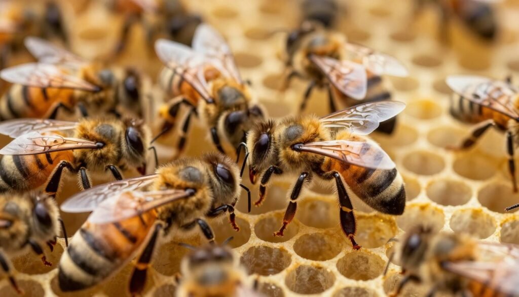A serene scene illustrates the acceptance of a new queen bee in a vibrant hive environment. In the foreground, a worker bee gently circles around the newly accepted queen, who is visibly larger, adorned with a subtle crown-like structure on her back, accentuating her majesty. In the middle, a cluster of attentive worker bees exhibit signs of approval, with their wings delicately fluttering, reflecting a sense of cooperation and unity. The background features the intricate hexagonal cells of the honeycomb, bathed in soft, warm golden light, creating a cozy and inviting atmosphere. The lighting is natural and soft, enhancing the details of the bees' delicate wings and the queen's regal presence. The angle captures a slight upward view, symbolizing the queen's ascension and the colony's hopeful future.