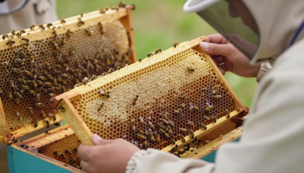 A serene scene inside a beehive, focusing on a beekeeper gently inspecting a frame filled with capped brood. In the foreground, the beekeeper, dressed in protective gear and a light-colored suit, is carefully holding a honeycomb, examining the capped cells with tenderness and attention. In the middle ground, close up, a variety of capped brood cells glisten under soft, natural lighting, showcasing a mix of brown and golden hues. The background features additional honeycomb frames with bees going about their work, contributing to a tranquil yet industrious atmosphere. The lighting is warm and inviting, suggesting a sunny day, with soft shadows enhancing the texture of the bees and honeycombs. The overall mood is peaceful and focused, capturing the essence of monitoring brood development in a harmonious environment.