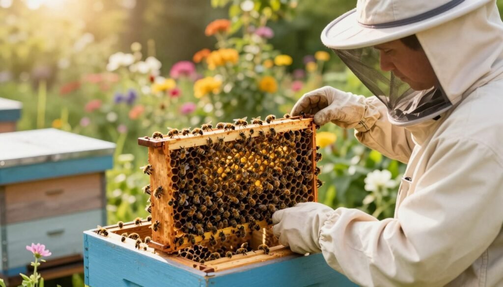 A serene scene of a beekeeper gently introducing a mated queen bee into a hive. In the foreground, the beekeeper, dressed in a professional beekeeping suit and a protective veil, carefully holds a queen cage with a vibrant queen bee inside. The middle layer features a close-up of the hive with worker bees actively surrounding it, showcasing their welcoming gestures. In the background, a lush garden filled with blooming flowers provides a colorful backdrop, while soft sunlight filters through the leaves, casting a warm glow over the scene. The atmosphere conveys a sense of harmony and anticipation, as the bees prepare to accept their new queen. The image is captured from a slightly elevated angle to emphasize the importance of the moment.
