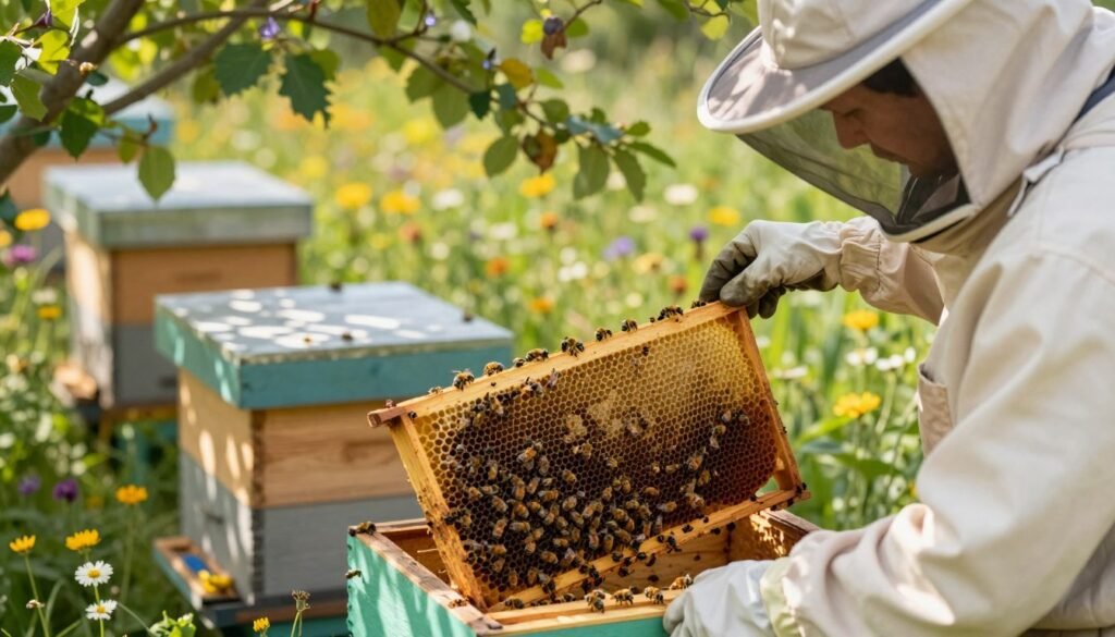 A serene scene of a beekeeper in professional attire gently preparing a beehive for the rescue of a drone laying queen. In the foreground, the beekeeper, wearing a protective veil and gloves, calmly inspects the hive frames, showcasing intricate honeycomb structures brimming with bees in various stages of development. The middle ground features the hive surrounded by colorful wildflowers and lush greenery, indicating a healthy ecosystem. Behind the hive, soft sunlight filters through leafy branches, casting dappled shadows on the ground, creating a warm atmosphere. The composition emphasizes care and respect for the bees, encapsulating a harmonious blend of nature and stewardship. The image has a soft focus depth of field, accentuating the beekeeper’s actions while gently blurring the background for a peaceful ambiance.