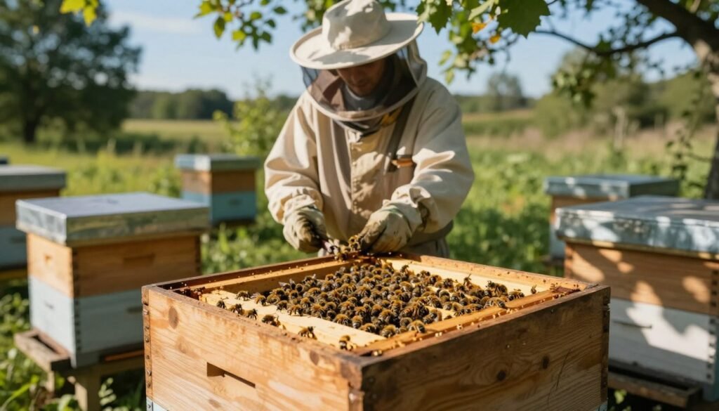 A serene scene of a beekeeping apiary, focusing on an understrength bee colony in a wooden hive. In the foreground, an open hive shows bees clustering inside, showcasing their limited numbers and signs of struggle. The middle ground highlights a beekeeper in professional attire, gently inspecting the frames, taking care to nurture the delicate situation. The background features lush greenery and a clear blue sky, creating a tranquil atmosphere. Soft, golden sunlight filters through the trees, casting dappled shadows on the ground, enhancing the sense of calm and focus. The image conveys a sense of responsibility and care in beekeeping, emphasizing the importance of managing weaker colonies effectively. A serene scene of a beekeeping apiary, focusing on an understrength bee colony in a wooden hive. In the foreground, an open hive shows bees clustering inside, showcasing their limited numbers and signs of struggle. The middle ground highlights a beekeeper in professional attire, gently inspecting the frames, taking care to nurture the delicate situation. The background features lush greenery and a clear blue sky, creating a tranquil atmosphere. Soft, golden sunlight filters through the trees, casting dappled shadows on the ground, enhancing the sense of calm and focus. The image conveys a sense of responsibility and care in beekeeping, emphasizing the importance of managing weaker colonies effectively.