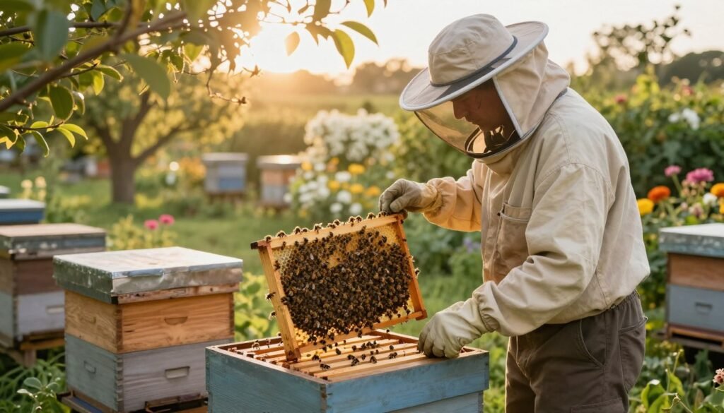 A serene scene showcasing a bee hive in a lush garden during the golden hour, with soft sunlight filtering through leafy branches. In the foreground, a professional beekeeper, dressed in a modest casual outfit and protective gear, inspects the hive frames, revealing vibrant bees working diligently. The middle ground features the hive itself, adorned with bees actively moving around, highlighting signs of a healthy colony. In the background, there are blooming flowers and trees, creating a peaceful and nurturing atmosphere, suggesting biodiversity. The image should evoke a sense of careful observation and dedication to maintaining hive health, with warm, inviting colors and a soft-focus effect to enhance the tranquility of the scene. Capture this from a slightly elevated angle to emphasize the hive and its surroundings.