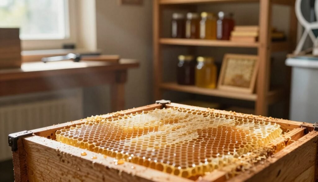 A serene scene showcasing a beekeeper's workshop, focusing on honey frames being stored. In the foreground, prominently display beautifully crafted wooden honey frames filled with golden honeycomb, glistening under soft, warm, natural light. In the middle ground, include a rustic wooden shelving unit, neatly organized with several additional frames and jars of honey, reflecting an atmosphere of order and care. In the background, softly blurred beekeeping tools and a window with rays of sunlight streaming in, casting gentle shadows. The overall mood should evoke tranquility and professionalism, highlighting the importance of proper honey storage. Use a shallow depth of field to emphasize the honey frames while keeping the background elements subtly in focus. The scene should feel warm and inviting, celebrating the craft of beekeeping. A serene scene showcasing a beekeeper's workshop, focusing on honey frames being stored. In the foreground, prominently display beautifully crafted wooden honey frames filled with golden honeycomb, glistening under soft, warm, natural light. In the middle ground, include a rustic wooden shelving unit, neatly organized with several additional frames and jars of honey, reflecting an atmosphere of order and care. In the background, softly blurred beekeeping tools and a window with rays of sunlight streaming in, casting gentle shadows. The overall mood should evoke tranquility and professionalism, highlighting the importance of proper honey storage. Use a shallow depth of field to emphasize the honey frames while keeping the background elements subtly in focus. The scene should feel warm and inviting, celebrating the craft of beekeeping.