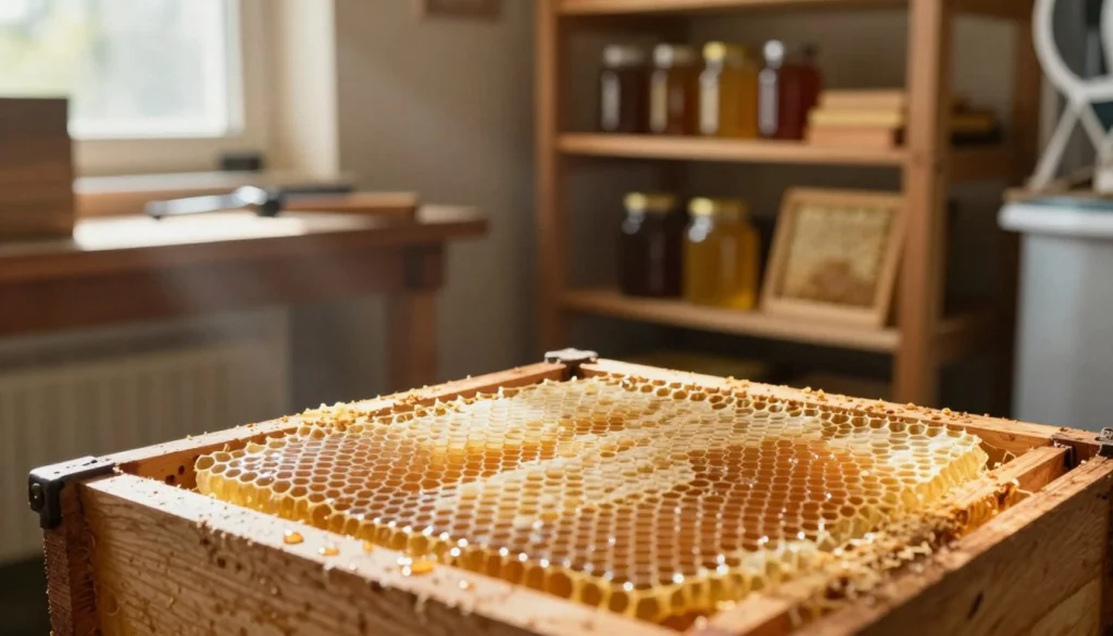 A serene scene showcasing a beekeeper's workshop, focusing on honey frames being stored. In the foreground, prominently display beautifully crafted wooden honey frames filled with golden honeycomb, glistening under soft, warm, natural light. In the middle ground, include a rustic wooden shelving unit, neatly organized with several additional frames and jars of honey, reflecting an atmosphere of order and care. In the background, softly blurred beekeeping tools and a window with rays of sunlight streaming in, casting gentle shadows. The overall mood should evoke tranquility and professionalism, highlighting the importance of proper honey storage. Use a shallow depth of field to emphasize the honey frames while keeping the background elements subtly in focus. The scene should feel warm and inviting, celebrating the craft of beekeeping. A serene scene showcasing a beekeeper's workshop, focusing on honey frames being stored