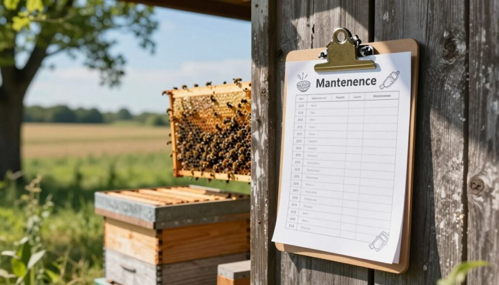 A serene scene showcasing a wooden hive maintenance schedule pinned on a rustic barn wall. In the foreground, a close-up view of an organized clipboard with a detailed maintenance checklist, including dates and tasks, adorned with illustrations of hive components. The middle ground features a clear wooden beehive with bees gently buzzing around it, emphasizing the importance of hive care. In the background, sun-drenched fields stretch out under a bright blue sky, partially shaded by green trees, creating a peaceful atmosphere. Soft natural light filters through, casting gentle shadows, capturing a sense of diligence and the joy of beekeeping. The image should evoke a feeling of responsibility and care for nature. A serene scene showcasing a wooden hive maintenance schedule pinned on a rustic barn wall. In the foreground, a close-up view of an organized clipboard with a detailed maintenance checklist, including dates and tasks, adorned with illustrations of hive components. The middle ground features a clear wooden beehive with bees gently buzzing around it, emphasizing the importance of hive care. In the background, sun-drenched fields stretch out under a bright blue sky, partially shaded by green trees, creating a peaceful atmosphere. Soft natural light filters through, casting gentle shadows, capturing a sense of diligence and the joy of beekeeping. The image should evoke a feeling of responsibility and care for nature.