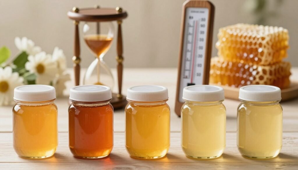 A serene still-life composition emphasizing the concept of "time heat exposure" in honey bottling. In the foreground, showcase a time-lapse visual of honey jars, with varying temperatures indicated through subtle color gradients from warm amber tones to cooler yellows. In the middle ground, depict a digital thermometer displaying rising temperatures beside a vintage hourglass, symbolizing the passage of time. The background should feature blurred honeycomb and floral elements, conveying the natural origins of honey. Use soft, warm lighting to create an inviting atmosphere, with a shallow depth of field to draw focus on the foreground elements. The mood is calm and educational, capturing the essence of ideal temperatures in honey processing.