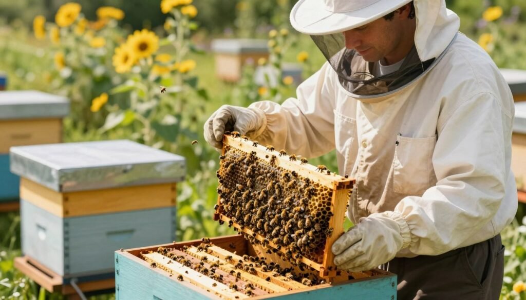 A serene, sunlit apiary scene showcasing a beekeeper in professional business attire, intently examining a hive during the proactive re-queening process. In the foreground, the beekeeper carefully holds a frame filled with bees and brood, highlighting the vibrant, busy life of the colony. The middle ground features several hives, each with busy bees entering and exiting, symbolizing a healthy and thriving environment. The background is adorned with lush flowering plants, creating a harmonious and productive atmosphere. Soft, natural lighting emphasizes the golden hues of the bees and the green foliage, while a shallow depth of field keeps the focus on the beekeeper’s careful examination. The overall mood is one of diligence and optimism, reflecting the benefits of proactive re-queening in beekeeping.