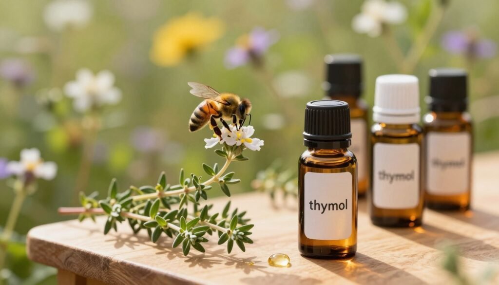 A serene, sunlit setting featuring a collection of essential oils prominently displayed in elegant glass bottles, with their labels highlighting thyme and thymol. In the foreground, a small wooden table showcases a sprig of fresh thyme next to a few drops of oil, glistening in the soft light. The middle ground reveals a vibrant bee landing on a nearby flower, symbolizing the connection between plants and pollinators. The background depicts a softly blurred apiary surrounded by blooming wildflowers, suggesting a harmonious ecosystem. The atmosphere is calming and invigorating, with warm, natural lighting that enhances the soothing qualities of the essential oils. Use a macro lens effect to emphasize the texture of the thyme and oil droplets, creating a vivid, lush detail that draws the viewer in.