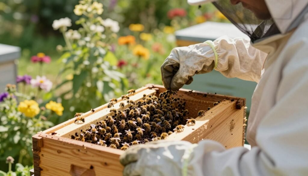 A serene, sunlit setting showcasing a beekeeper in a protective suit, carefully inspecting a wooden package containing a bee colony. The foreground features the beekeeper's gloved hands gently opening the box lid, revealing a cluster of buzzing bees within their protective mesh. The middle ground captures a close-up of the bees, highlighting their intricate details and the queen's royal appearance among them. In the background, a vibrant garden filled with blooming flowers adds depth and color to the scene, while soft sunlight filters through leaves, casting gentle shadows. The atmosphere is calm and focused, embodying a sense of care and attention to detail in the bee-keeping process. The image should have a soft focus with warm lighting to enhance the welcoming nature of this important task.