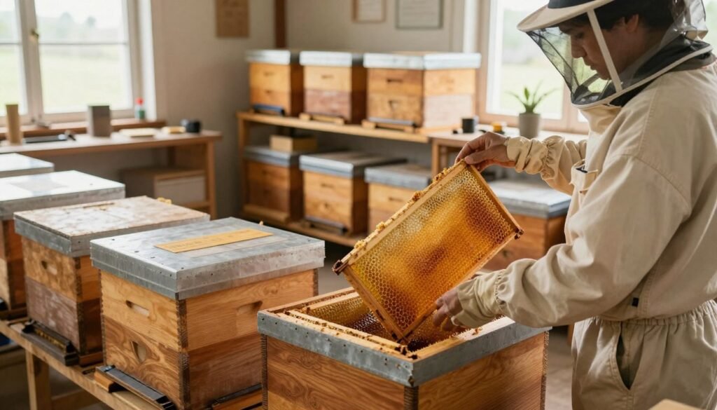 A serene, sunlit workshop filled with neatly stacked honey supers, showcasing their distinct wooden frames and golden honeycomb. In the foreground, a beekeeper in a light-colored, modest outfit carefully inspects and organizes the supers, ensuring the frames are positioned properly. The middle ground features shelves lined with clean, well-maintained supers, highlighting best storage practices. In the background, large windows allow soft, natural light to stream in, and tools of beekeeping are subtly arranged. The atmosphere conveys a sense of order and warmth, emphasizing the importance of proper storage for honey supers in a tranquil setting. The image is captured from a slightly elevated angle to provide a comprehensive view of the workspace.