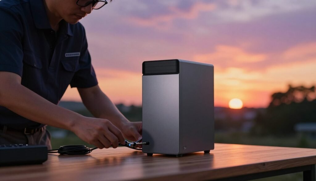A serene sunset scene depicting a technician in professional attire setting up a compact Intel NUC computer on a wooden table. In the foreground, the technician is carefully connecting cables and adjusting the device, with focus on their hands and tools. The middle ground showcases the NUC and its sleek design, with light reflecting off its surface. In the background, a vibrant sunset casts a warm glow across the sky, filled with hues of orange, pink, and purple, while silhouettes of distant trees frame the scene. Soft, diffused lighting enhances the atmosphere, creating a peaceful, focused environment perfect for installation work. The overall mood is calm and professional, emphasizing the themes of technology and evening tranquility.