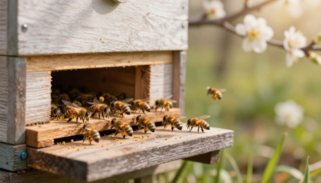 A serene upper entrance of a beehive during early spring, showcasing a modest gathering of honeybees returning from their cleansing flight. In the foreground, focus on the wooden hive entrance, highlighting the natural grain and texture of the bee box, adorned with a few pollen grains scattered nearby. In the middle ground, depict bees busily working, some carrying tiny bundles of pollen, conveying a sense of urgency and activity. The background should feature soft-focus flowering plants and budding branches, illuminated by gentle, warm sunlight filtering through trees, creating a tranquil atmosphere. The angle should be slightly above eye level, allowing for a clear view into the hive with a depth of field that blurs the environment, emphasizing the entrance and the bees’ activity. The overall mood should feel hopeful and indicate renewal as spring approaches.