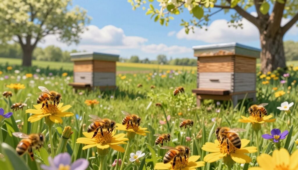 A serene, vibrant landscape of a bee garden in late spring, showcasing a diverse array of forager drift bees busily pollinating colorful wildflowers. In the foreground, clusters of golden honeybees gather on petals, their delicate wings glistening in the warm sunlight. The middle ground features two hives, detailed with visible wooden textures, positioned on a lush green lawn. Dappled sunlight filters through the leaves of nearby trees, casting gentle shadows. In the background, a clear blue sky complements the setting, with soft, fluffy clouds adding depth. The scene conveys a harmonious, thriving ecosystem, highlighting the interaction between bees and flowers, with a focus on the importance of pollination and hive management. Capture this in a slightly elevated angle to encompass the vibrancy and activity of the bees while creating an inviting, peaceful atmosphere.