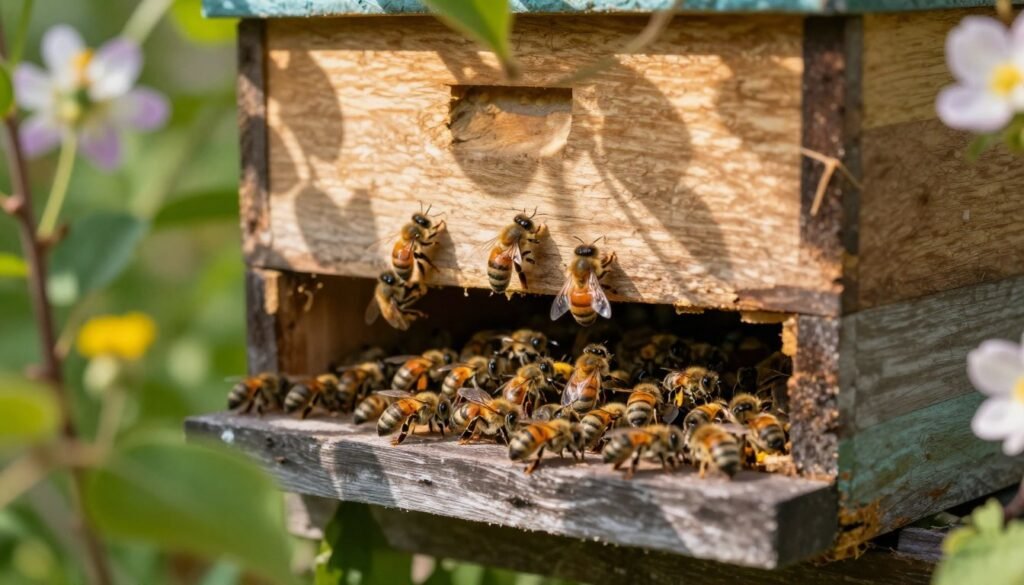 A serene view of a beehive nestled in a lush garden, showcasing the intricate structure of the hive. In the foreground, dozens of bees are engaged in activities around the entrance, with some displaying a natural bearding behavior, clustering together. The middle layer captures the hive's detailed wooden texture, illuminated by soft, dappled sunlight filtering through the leaves, creating warm highlights and shadows. In the background, a hint of blooming flowers adds color and context, enhancing the natural habitat. The atmosphere is calm and harmonious, emphasizing the importance of temperature and humidity regulation. The perspective is slightly tilted downwards to focus on the hive and its buzzing inhabitants. A macro lens effect evokes a close-up feel, highlighting the bees' delicate wings and busy movement, reinforcing their role in maintaining harmony inside the hive.