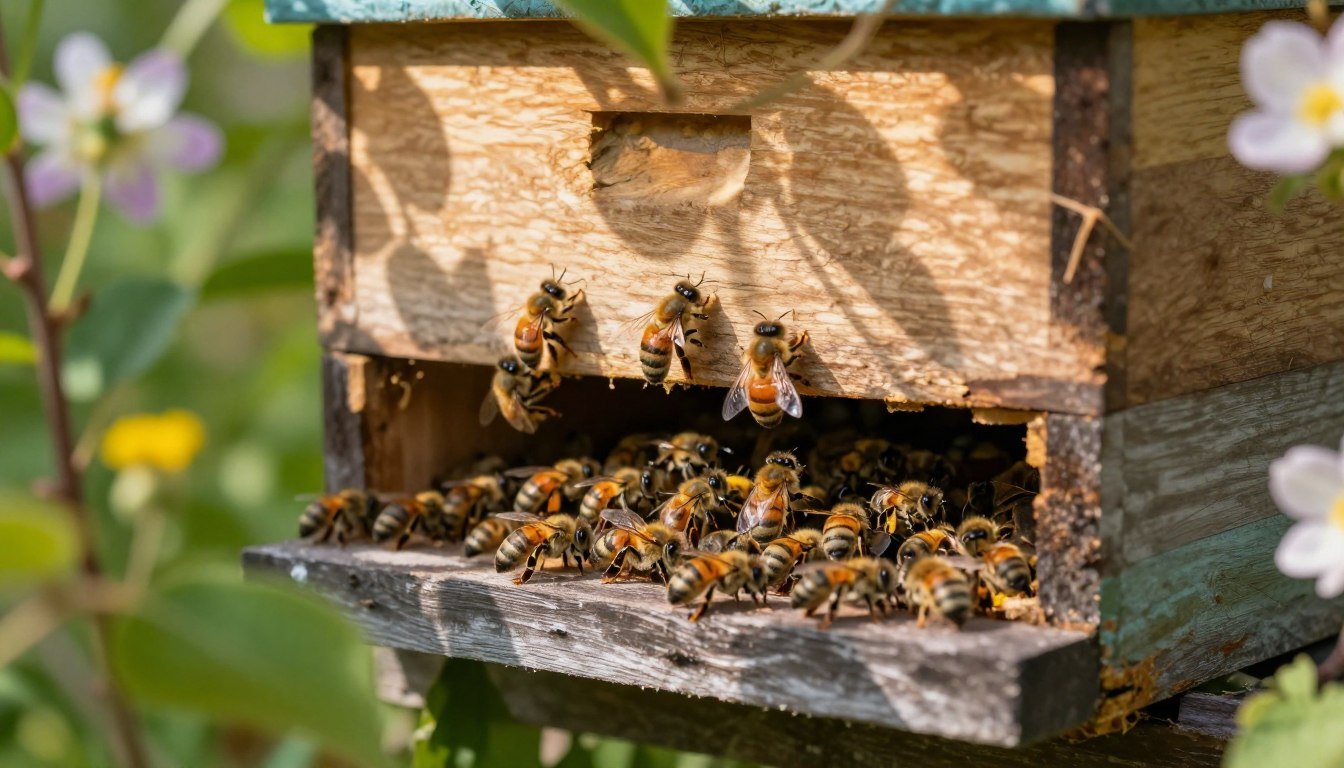 A serene view of a beehive nestled in a lush garden, showcasing the intricate structure of the hive