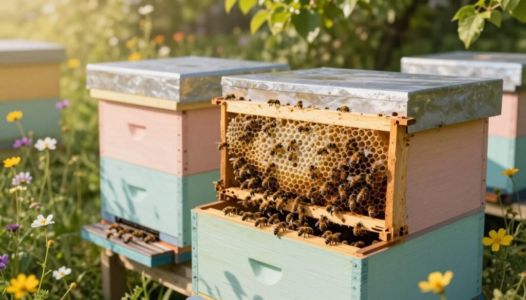 A serene view of a double queen hive in a vibrant apiary, showcasing two distinct queen cells filled with bees. In the foreground, clusters of honey bees busily congregate around the entrance, showcasing their natural behavior. The middle ground features the hive itself, painted in soft pastel colors, emphasizing the unique dual compartments that house each queen. In the background, blooming wildflowers and lush green foliage frame the hive, creating a peaceful rural atmosphere. Soft, golden sunlight filters through the leaves, casting gentle shadows and illuminating the scene with a warm glow. The angle is slightly elevated, providing a clear view of both queen cells, capturing the essence of teamwork and harmony among the bees. The overall mood is tranquil, reflecting the successful management of a two-queen beehive system.