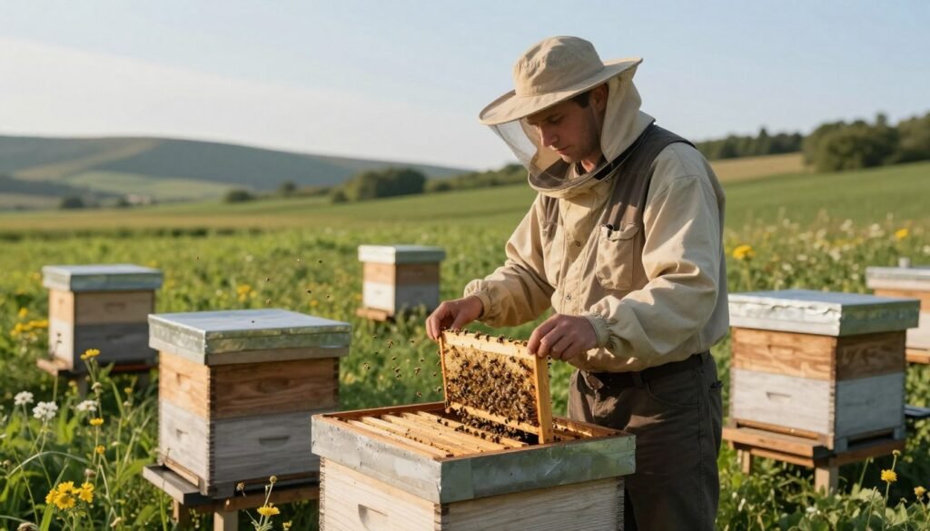 A serene view of a small apiary nestled in a lush green field under soft, warm sunlight. In the foreground, a beekeeper in modest casual clothing inspects a wooden beehive, looking contemplative and focused on the task. The middle ground features several more beehives surrounded by flowering plants, bees buzzing gently around the area, illustrating the lively ecosystem. In the background, gentle hills fade into a clear blue sky, enhancing the tranquil, peaceful atmosphere. The composition captures a sense of diligence and care for the bees, with a slightly blurred effect on the background to draw attention to the beekeeper's thoughtful expression. The lighting is natural and inviting, creating a calm mood that resonates with the theme of bee health and hive management.