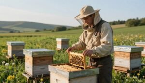 A serene view of a small apiary nestled in a lush green field under soft, warm sunlight