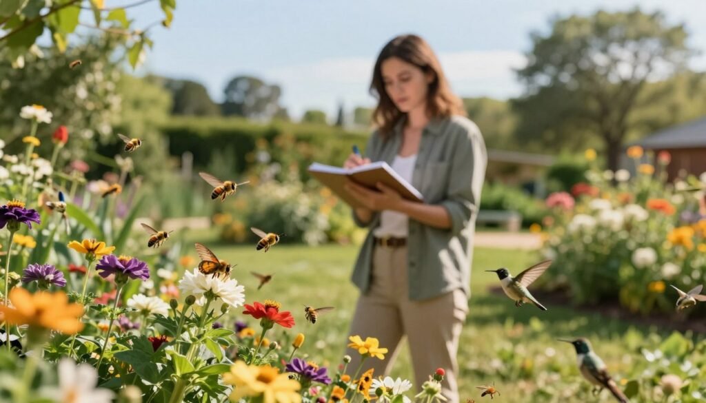 A serene, well-maintained pollination yard in the foreground, showcasing vibrant flowers and lush greenery actively attracting various pollinators. Bees, butterflies, and hummingbirds hover around the blossoms, busy in their natural activities. A professional in modest casual clothing is seen in the middle ground, using a notebook and a pen to record observations, highlighting the monitoring aspect. In the background, soft-focus trees and a clear blue sky create a calm and tranquil atmosphere, suggesting a healthy environment. The lighting is warm and inviting, emphasizing a sunny afternoon. The image captures the essence of careful observation and the importance of monitoring for signs of contamination in pollinator habitats.