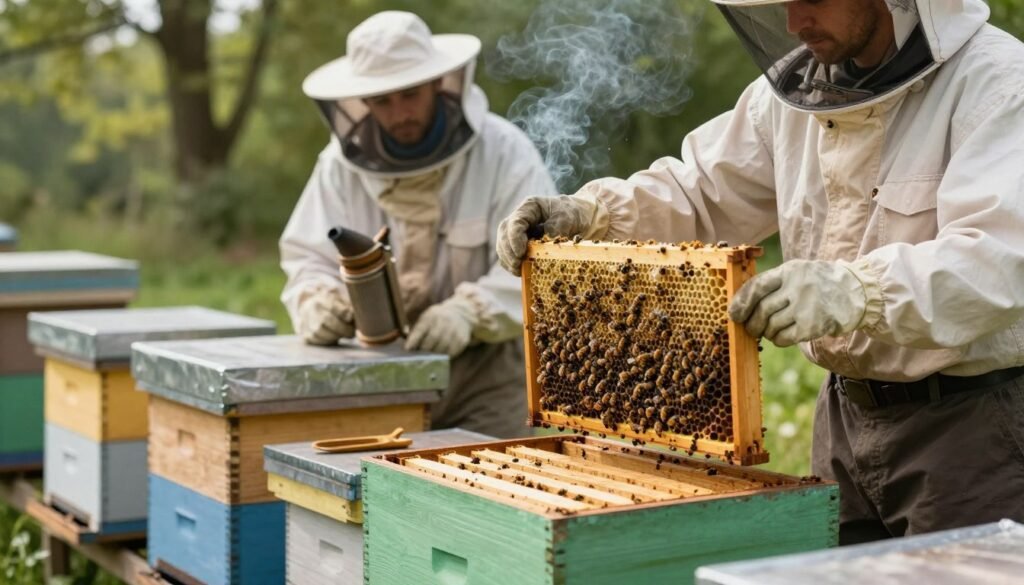 A serene, well-organized apiary in the foreground, showcasing a close-up view of beekeeping equipment including hives, frames, and tools, all neatly arranged. In the middle ground, a beekeeper dressed in professional attire examines a hive, looking for signs of chalkbrood, with a thoughtful expression. The background features soft, natural lighting filtering through trees, creating a peaceful, yet alert atmosphere. Wisps of gentle smoke arise from a smoker, indicating safe handling practices while assessing the equipment. The overall mood is one of caution and diligence, emphasizing a responsible approach to reusing beekeeping equipment, while reflecting the importance of maintaining healthy bee colonies.