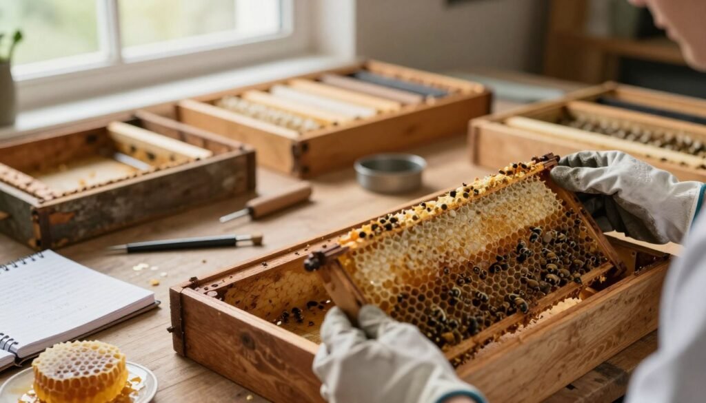 A serene, well-organized workspace showcasing a close-up view of frame boxes filled with used frames from a bee colony, some visibly old and weathered, while others appear fresh. In the foreground, a pair of hands wearing gloves delicately hold a worn frame, examining it closely for signs of damage. The middle ground reveals a wooden table with scattered tools, a notebook open with notes on frame condition, and honeycomb remnants. The background features soft natural lighting filtering through a window, creating a warm atmosphere. The scene is peaceful and reflective, inviting contemplation on the decision of reusing or discarding frames. The composition captures a moment of careful evaluation, with a soft focus on the frame and a sharp focus on the gloved hands, conveying a sense of diligence and responsibility.