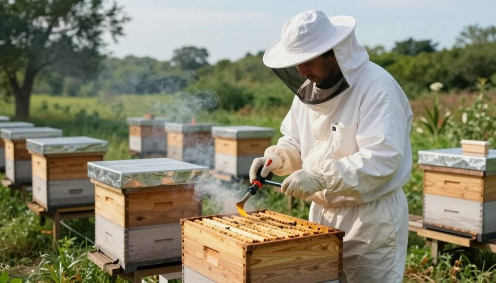 A serene, well-structured apiary showcasing a safe hive containment strategy after an American foulbrood outbreak. In the foreground, a professional beekeeper in a white protective suit is carefully sealing a hive using a smoke tool, exuding a sense of control and safety. The middle ground features several wooden beehives, visibly labeled and organized, with some mild smoke gently rising from a nearby flame, hinting at the burning comb process. In the background, lush greenery and a clear blue sky create a calm, reassuring atmosphere, emphasizing the importance of responsible beekeeping practices. Lighting is soft and natural, with a warm glow highlighting the hive. The angle captures the action and focuses on the beekeeper's professional demeanor, conveying a mood of diligence and care. A serene, well-structured apiary showcasing a safe hive containment strategy after an American foulbrood outbreak. In the foreground, a professional beekeeper in a white protective suit is carefully sealing a hive using a smoke tool, exuding a sense of control and safety. The middle ground features several wooden beehives, visibly labeled and organized, with some mild smoke gently rising from a nearby flame, hinting at the burning comb process. In the background, lush greenery and a clear blue sky create a calm, reassuring atmosphere, emphasizing the importance of responsible beekeeping practices. Lighting is soft and natural, with a warm glow highlighting the hive. The angle captures the action and focuses on the beekeeper's professional demeanor, conveying a mood of diligence and care.