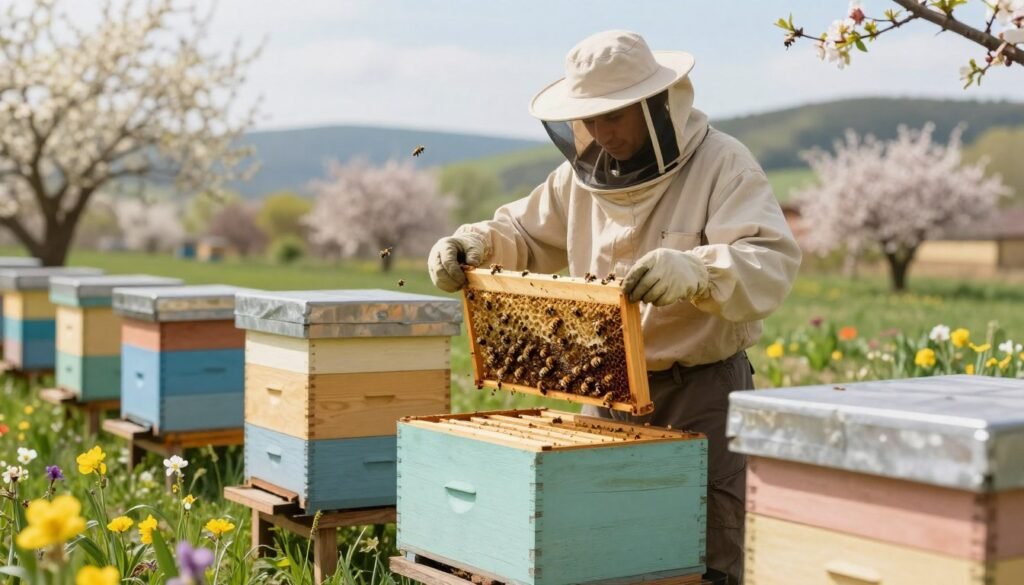 A serene, well-tended apiary during early spring, showcasing a beekeeper in modest work attire skillfully inspecting hive frames. In the foreground, vibrant flowers begin to bloom, providing early forage for the bees, while a few busy honeybees hover near the hives. The middle ground features wooden beehives painted in pastel colors, with one hive partially open to reveal the busy brood nestled within. The background shows a soft-focus landscape of blooming trees and gentle rolling hills under a bright, clear sky with soft sunlight filtering through. The atmosphere is calm and hopeful, reflecting the preparation for seasonal transitions, with the warm light enhancing the feeling of renewal and growth in nature.