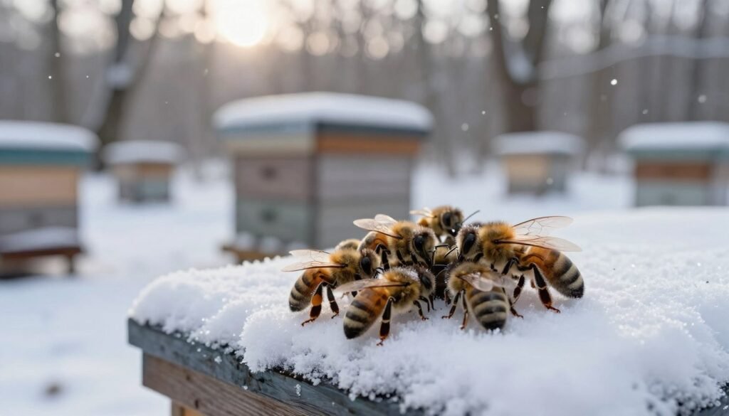 A serene winter landscape featuring a cluster of honeybees gently huddled together on a snow-dusted hive. In the foreground, close-up details of the bees reveal their fuzzy bodies and delicate wings, with frost glistening on their surfaces. The middle ground showcases the beehive, slightly covered in snow, surrounded by bare trees and a hint of sunlight peeking through overcast skies. In the background, soft snowflakes fall lightly, creating a peaceful atmosphere. The lighting is soft and diffused, suggesting the quiet of a chilly winter day, while the overall mood conveys a sense of warmth and resilience in the harsh cold. The image captures the survival instincts of winter bees, emphasizing their essential role in the hive's ecosystem.