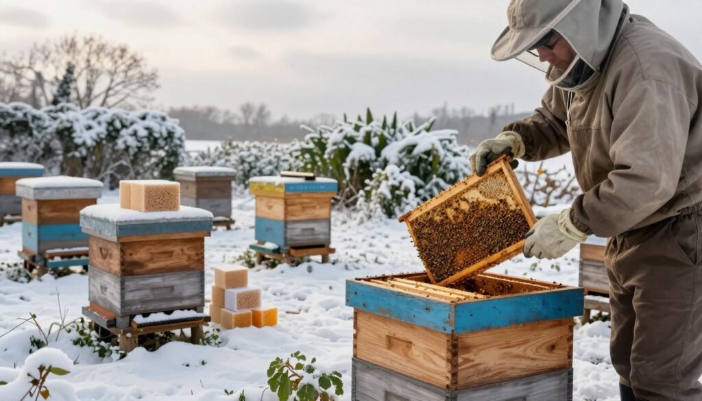 A serene winter landscape featuring a well-maintained beehive surrounded by light snow and frosted greenery. In the foreground, show a beekeeper dressed in professional attire, gently placing a candy board atop the hive, demonstrating best practices for installing winter feed. The middle ground should include various winter feed options like sugar bricks and candy boards artistically arranged to highlight their differences. In the background, capture a soft, overcast sky with diffused light filtering through, creating a calm and informative atmosphere. The image should evoke a sense of warmth and care, emphasizing the importance of proper winter feeding methods for bees.