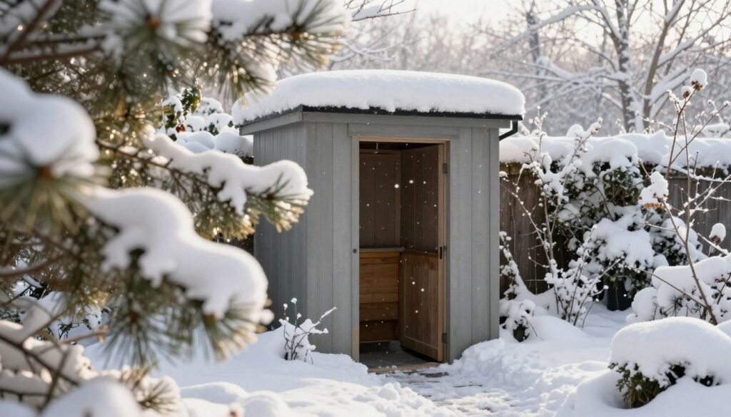 A serene winter landscape featuring two distinct entrances to a garden shed or beehive, one positioned above and the other below, showcasing their utility in winter. In the foreground, focus on the upper entrance, framed by soft, snow-covered pine branches, with sunlight filtering through, creating a warm glow. In the middle ground, the lower entrance peeks out just above the snowline, inviting and accessible. In the background, a gently falling snow sets a tranquil atmosphere, with a hint of distant, frosted trees. Use a wide-angle lens to capture the whole scene, with bright, natural lighting to enhance the welcoming mood of successful overwintering strategies.