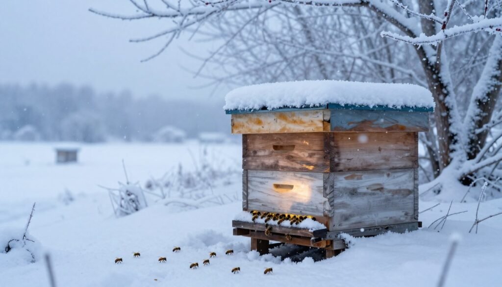 A serene winter landscape showcasing a beehive surrounded by frosted trees and gently falling snowflakes. In the foreground, clusters of bees are seen crawling across the entrance of the hive, their movement slightly subdued by the cold. The middle ground features a softly lit, rustic wooden hive nestled in a blanket of snow, with faint traces of honey cells visible in the frames. The background presents a fluffy, snow-covered landscape under a pale winter sky, casting a calming blue light over the scene. The overall mood is tranquil and contemplative, evoking the quiet resilience of nature during winter months. The image should focus on capturing the delicate balance of life and seasonal challenges faced by bees.