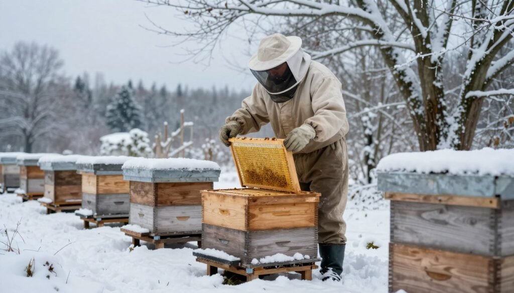 A serene winter landscape under soft, diffused natural lighting captures the seasonal timing for hive intervention. In the foreground, a wooden beehive sits surrounded by a light dusting of snow, with its lid slightly ajar, symbolizing the winter preparations. In the middle ground, a beekeeper in a modest, professional outfit is gently placing a candy board inside the hive, focused on the task, embodying care and expertise. Snow-laden trees and a muted blue-gray sky frame the background, enhancing the tranquility of the scene. The atmosphere is calm, evoking a sense of responsibility and patience as nature prepares for the cold season. The composition emphasizes clarity, depth, and warmth, connecting the viewer to the essential practices of beekeeping in winter.