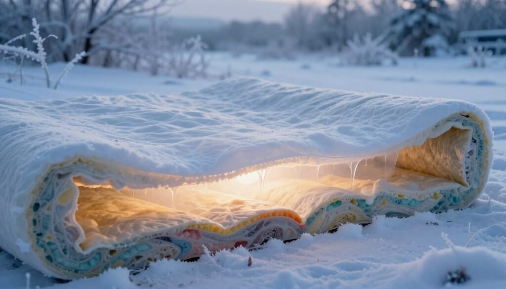 A serene winter scene depicting layers of insulation materials effectively blocking cold air, with a translucent layer symbolizing "insulation air" gently cascading through the structure. In the foreground, the insulation materials are vividly textured, highlighting their unique patterns and colors. The middle ground features a soft glow emanating from tiny gaps that illuminate the insulation, symbolizing warmth and protection, with the light creating subtle reflections that enhance the materials' properties. The background showcases a frost-covered landscape, enhancing the chilly atmosphere while remaining harmonious. The lighting is warm and inviting, contrasted against the cold, blue tones of winter, offering a sense of comfort amidst the harsh environment. The composition is shot from a slightly elevated angle, creating depth and drawing the viewer into this optimal insulation scenario, ensuring the absence of any text or watermarks.