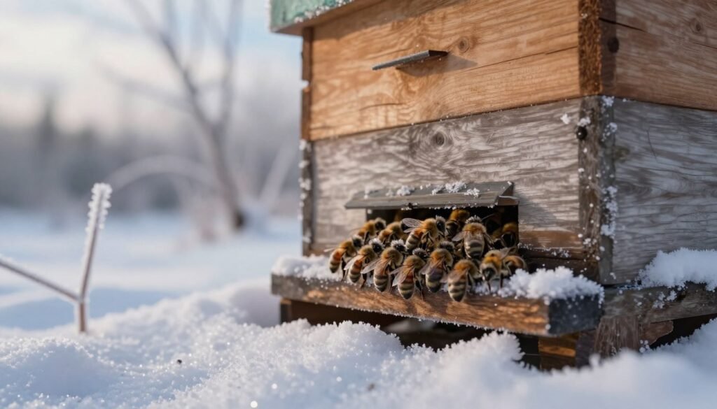 A serene winter scene focusing on a beehive, with a layer of snow gently covering the ground and the beehive itself. In the foreground, a close-up of frost-covered bees clinging together in a tight cluster, their wings slightly visible, suggesting warmth and activity despite the cold. The middle ground features the beehive, made of wood, with its entrance slightly ajar, revealing a glimpse of the bees buzzing inside. Soft, diffused winter light casts a gentle glow on the scene, creating a tranquil atmosphere. In the background, snow-covered trees with frost-kissed branches rise against a pale winter sky, subtle hints of blue peeking through gray clouds. The image conveys a sense of care and protection, illustrating the resilience of bees during the cold months.
