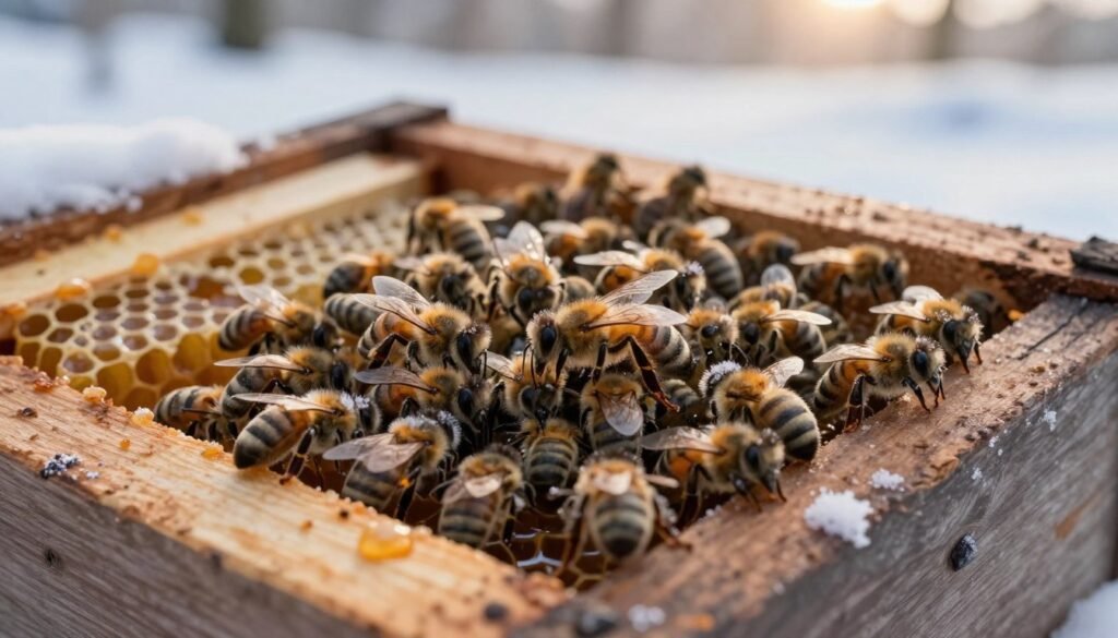 A serene winter scene focusing on a cluster of winter bees inside a beehive. In the foreground, show the bees huddled closely together, their bodies fuzzy with frost, creating a warm, protective ball. In the middle ground, depict the wooden frames of the hive, slightly weathered, with a few scattered honeycomb cells still filled with honey. The background should feature a tranquil snowy landscape outside the hive, with soft, diffused lighting suggesting early morning or late afternoon. The atmosphere should evoke a cozy yet fragile feel, as the gentle light catches on the bees' wings and icy surfaces, emphasizing the resilience of these insects during the cold months. The image is detailed and vivid, capturing the essence of winter bees and their biology in a dynamic environment.