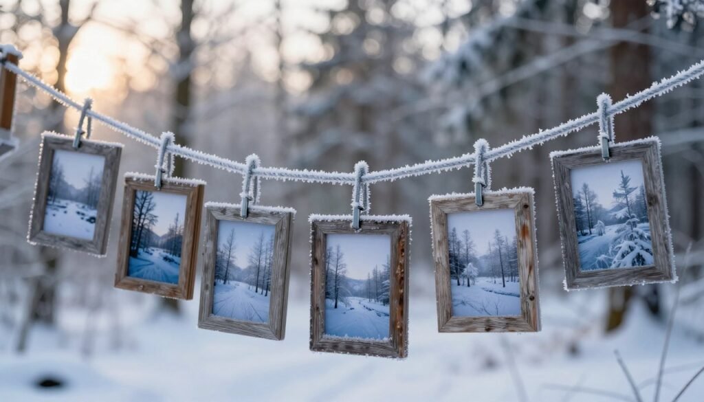 A serene winter scene showcasing an arrangement of hanging frames on a wire rope. In the foreground, the frames—crafted from weathered wood—display an array of natural photographs, reflecting snowy landscapes and ice crystals. The middle ground features the wire rope, taut and adorned with frost, creating an intimate display. The background reveals a softly blurred snowy forest, with gentle sunlight filtering through the trees, casting a warm glow on the icy surroundings. The atmosphere is tranquil and evocative of cold climates, emphasizing natural preservation techniques. The composition should convey a sense of harmony with nature, using soft, diffused lighting to enhance the wintery feel. Capture the scene from a slightly elevated angle to showcase the depth and beauty of the arranged frames against the cold backdrop.