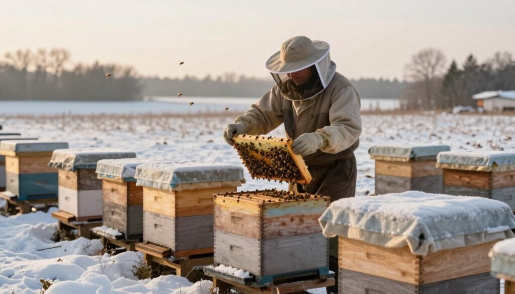 A serene winter scene showcasing beekeeping preparations for winter survival of nucs. In the foreground, neatly arranged hive boxes, some partially covered with protective blankets, surrounded by a light dusting of snow. In the middle ground, a beekeeper in modest casual clothing inspects a nuc, gently lifting the lid to check the bees inside, bathed in soft, golden midday light. The background features a tranquil landscape of snow-covered fields and distant trees silhouetted against a pale winter sky. A few honeybees can be seen flying around, embodying a sense of resilience and life. The atmosphere is calm and focused, evoking a feeling of care and responsibility toward nature's tiny inhabitants.