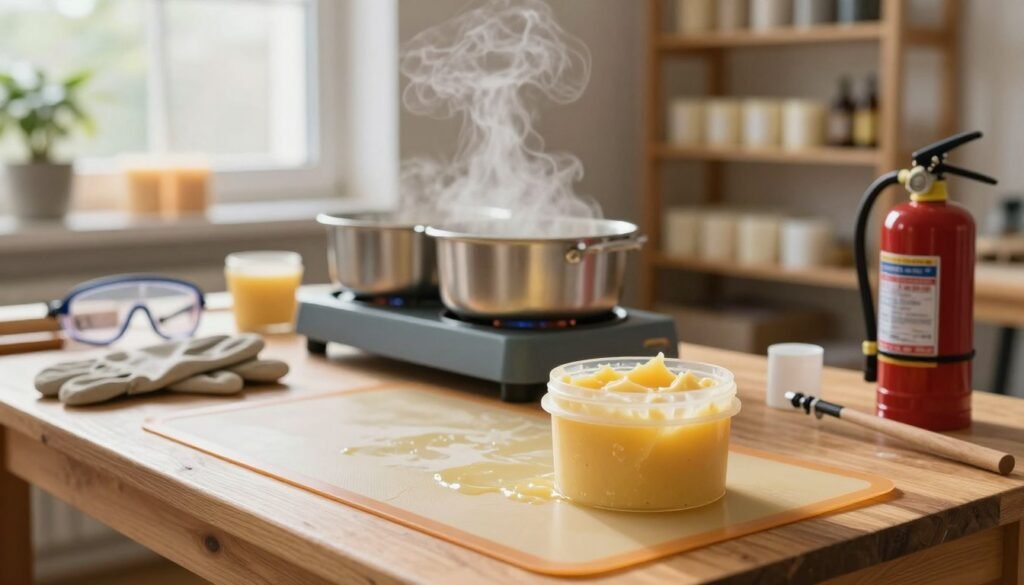 A serene workshop scene focused on beeswax safety. In the foreground, a close-up of a sturdy, wooden table featuring a heat-resistant silicone mat, a container of shimmering hot beeswax, and essential safety equipment: thick gloves, goggles, and a fire extinguisher. In the middle, a well-organized workspace displays a double boiler set up for melting wax, with steam swirling gently, conveying a warm and inviting atmosphere. The background features blurred shelves lined with beeswax candles and tools, softly illuminated by natural light streaming through a window, creating a safe and calm environment. The mood is peaceful and professional, emphasizing caution and preparedness when working with hot materials.