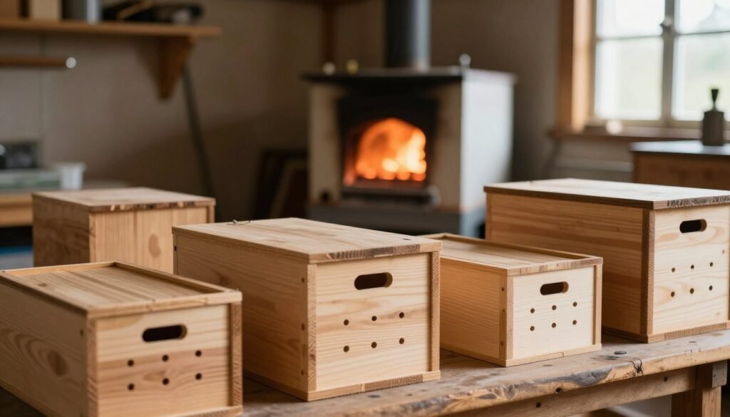 A series of neatly arranged wooden boxes designed for thermal sterilization, depicting various sizes and configurations. The foreground features the boxes with visible features like ventilation holes and robust construction for heat retention. In the middle, a warm, glowing furnace is visible, reflecting the sterilization process, emitting soft, orange light. The background incorporates a rustic workshop atmosphere with wooden beams and shelves lined with beekeeping tools, subtly hinting at their purpose. Natural sunlight filters through a nearby window, creating a welcoming and industrious mood. The focus is sharp on the boxes while the background is slightly blurred, emphasizing the sterilization method for wooden ware used in beekeeping.