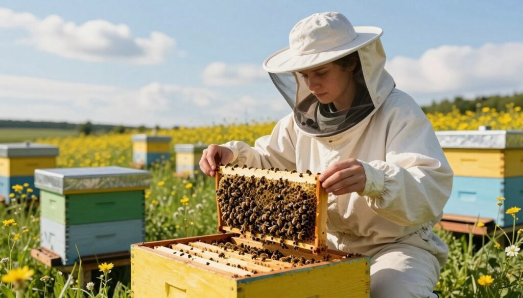 A skilled beekeeper, dressed in a professional bee suit with a protective veil, kneels beside a vibrant beehive in a sunlit meadow. In the foreground, she inspects a frame bustling with worker bees, highlighting queen cells and assessing the population status. The middle ground showcases various beehives nestled among blooming wildflowers, emphasizing the ecological importance of these pollinators. In the background, a clear blue sky contrasts with soft, fluffy clouds, creating a serene atmosphere. The lighting is warm and natural, capturing the essence of a productive day in the apiary. The mood is focused and introspective, illustrating the delicate balance of nurturing queen bees and managing hive populations effectively.