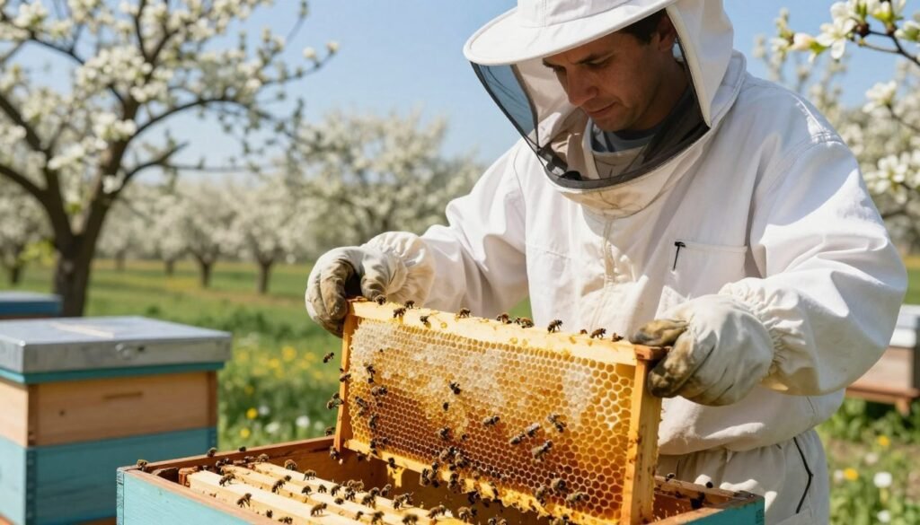 A skilled beekeeper, dressed in a professional white beekeeping suit with gloves, carefully manages a honeycomb frame during an active honey flow. In the foreground, the focus is on the intricate details of the drawn comb, filled with golden honey, reflecting the sunlight. The middle ground features the beekeeper examining the hive, with bees bustling energetically around. In the background, an idyllic spring landscape reveals blooming flowers and trees, contrasting against a clear blue sky. Soft, natural lighting enhances the golden hues of the honey and the serene atmosphere, creating a peaceful yet industrious scene. The angle is slightly elevated, providing a clear view of both the beekeeper's focused expression and the hive's bustling activity.