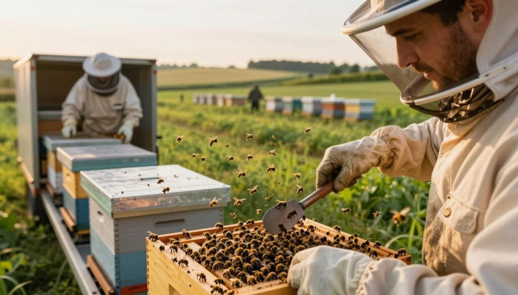 A skilled beekeeper in professional attire gently manages a cluster of foraging bees during their relocation to a new apiary. In the foreground, close-up visuals capture the beekeeper's focused expression and steady hands, while holding a hive tool, surrounded by bees in motion. The middle layer features an organized setup of bee boxes on a transport truck, with bees actively buzzing around, emphasizing the need for careful management. The background shows a lush countryside landscape transitioning to a new apiary location, bathed in warm golden light of early morning, creating a serene yet critical atmosphere. Use a slightly angled perspective to convey depth, ensuring the intricate details of the bees and the beekeeper's actions are captured sharply, reflecting a sense of diligence and care in bee relocation.
