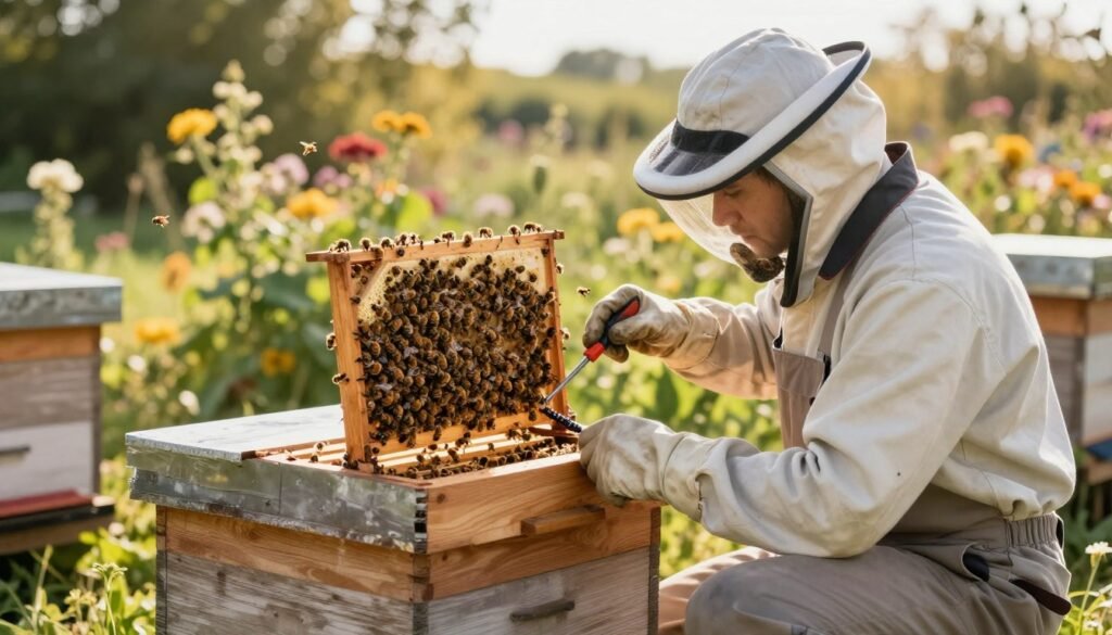 A skilled technician performing entrance reducer maintenance on a bee colony hive, kneeling beside a wooden beehive in a sunny, outdoor garden setting. The foreground features the technician, dressed in professional bee gear, carefully inspecting and adjusting the entrance reducer with precision tools, highlighting intricate details of the equipment. In the middle, the beehive is adorned with active bees, showcasing their organized behavior as they enter and exit. The background is filled with lush, flowering plants and trees basking in soft, golden sunlight, creating a serene and industrious atmosphere. Use soft focus on the background to emphasize the technician and their work, with a slight depth of field effect to enhance the professional and focused mood.