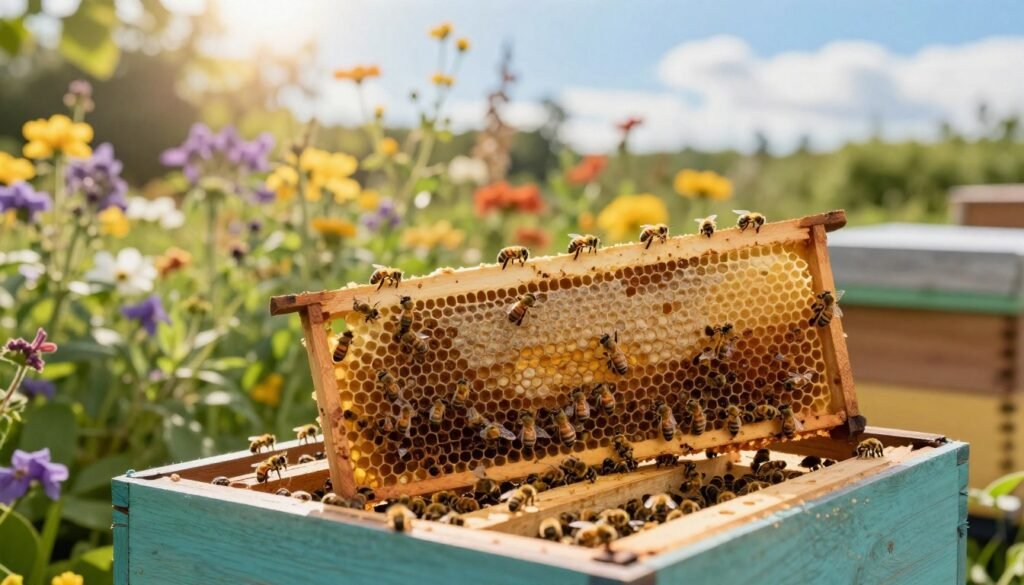 A slatted rack queen bee hive setup in a lush garden, teeming with summer flora. In the foreground, detail the honeycomb frames with carefully arranged slats, showcasing a healthy bright queen bee surrounded by her worker bees, all actively engaged in nurturing the brood and storing honey. The middle ground captures the rich textures of blooming flowers, vibrant greenery, and soft sunlight filtering through the leaves, creating a warm and inviting atmosphere. In the background, a gentle blue sky with wispy clouds enhances the peaceful scene. Use soft, diffused lighting to highlight the activity and warmth of summer, with a shallow depth of field to focus on the queen and her hive while softly blurring the background.