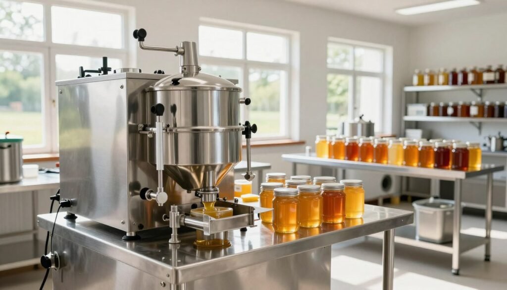 A sleek, modern 304 stainless steel honey processing machine occupies the foreground, featuring polished surfaces and intricate components like honey extractors and pumps. The machine is set in a bright, airy honey house, with several large windows letting in natural light that reflects off the metal, creating a gleaming effect. In the middle, jars of golden honey and various tools for honey processing are neatly arranged on stainless steel tables, showcasing an organized workflow. The background reveals shelves stocked with honey and beekeeping equipment, all within a clean and efficient workspace. The atmosphere is professional and industrious, emphasizing the advanced technology and efficiency of modern honey processing. Use a wide-angle lens to capture the scene, focusing on clarity and detail, set in bright, natural lighting for a vibrant and inviting feel.