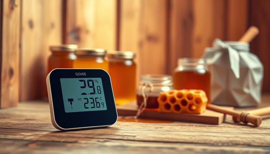 A sleek, modern Govee H5179 WiFi thermometer hygrometer prominently displayed in the foreground, showcasing its minimalist design with a digital display that clearly shows temperature and humidity readings. The device should be positioned on a rustic wooden surface, emphasizing its use in a honey room environment. In the middle ground, there are jars of honey and a honeycomb structure that convey the purpose of the thermometer, subtly enhancing the context. The background features soft, warm lighting that creates a cozy atmosphere, mimicking the gentle glow of a bright room. The angle should be slightly top-down to capture both the device and the honey elements, allowing for a clear view yet maintaining depth. Overall, the mood is inviting and informative, perfect for illustrating a section on top-rated digital thermometers.