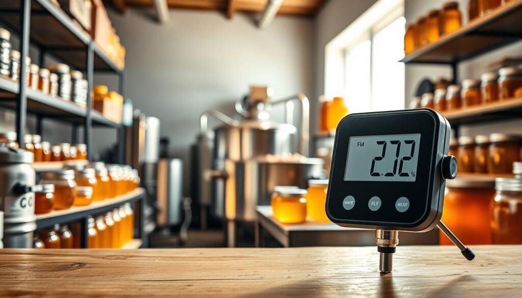 A sleek, modern humidity monitor displayed prominently in the foreground, featuring a digital screen with clear humidity readings. The device has a minimalistic design, made of high-quality matte black plastic with silver accents. In the middle ground, a well-organized honey processing room is shown, with stainless steel equipment and jars of honey reflecting the necessity of precise humidity control. The background should incorporate shelves stocked with beekeeping tools and jars, softly lit to create a warm, inviting atmosphere. Natural light filtering through a window enhances the image, casting gentle shadows. The overall mood is one of professionalism, highlighting the importance of accurate humidity measurement in honey processing.