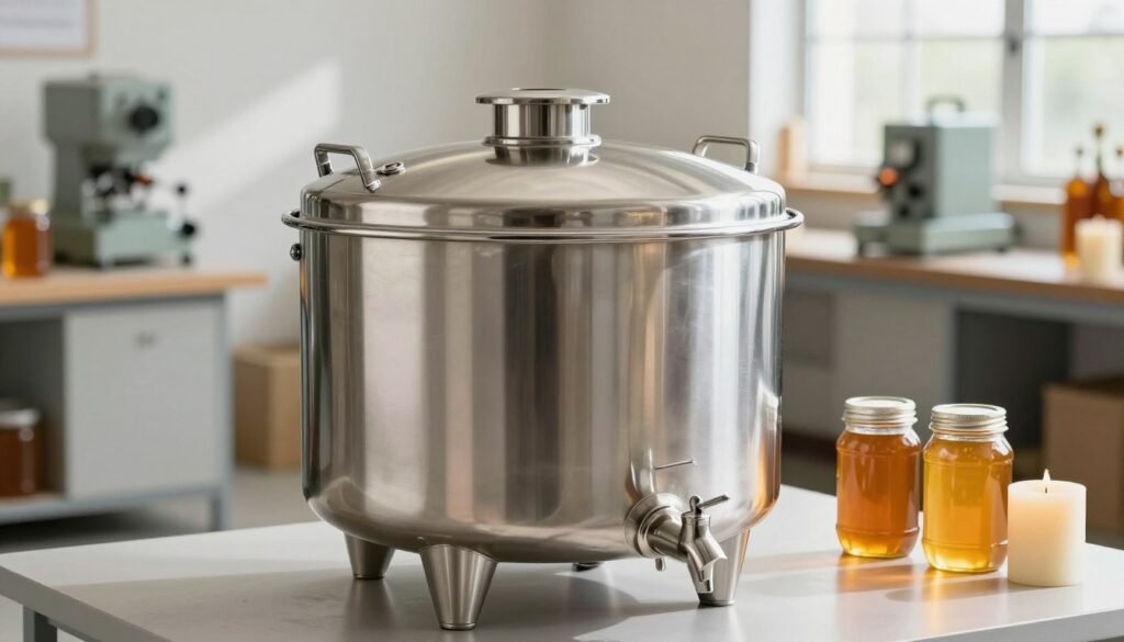 A sleek, polished stainless steel honey storage tank, prominently displayed in the foreground, reflecting ambient light to emphasize its smooth surface. The tank features a large, easy-access lid and a spigot at the base, illustrating its practicality for honey collection. In the middle ground, a few jars of golden honey and beeswax candles are arranged aesthetically, showcasing the end products of the honey. The background includes a soft-focus view of a bright, airy workshop filled with honey extraction equipment and jars, hinting at a busy but organized environment. Natural light streams through large windows, casting soft shadows and enhancing the metallic sheen of the tank. The atmosphere is clean and professional, perfect for a serious look at honey settling tanks.