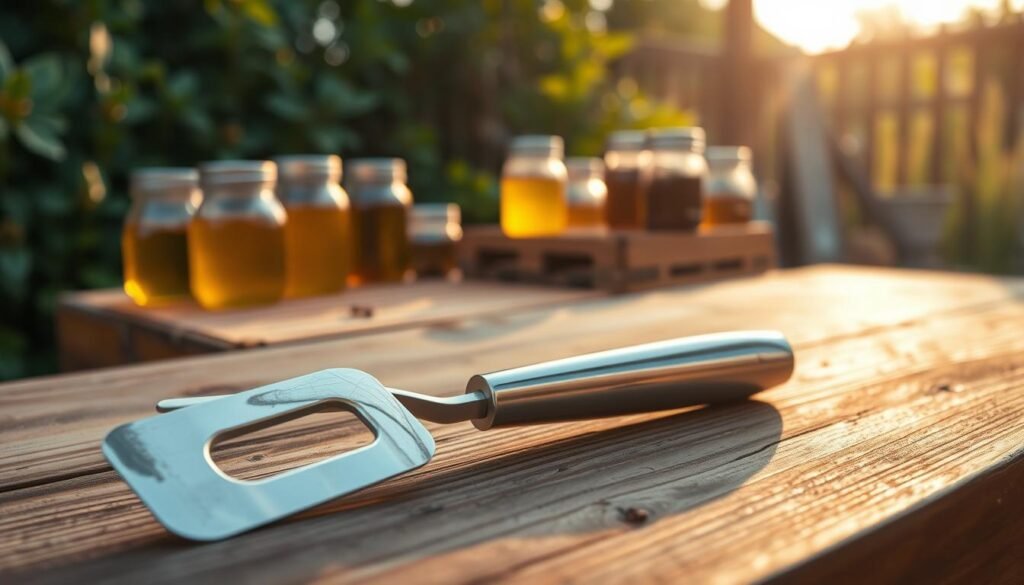 A sleek stainless steel hive tool resting on a wooden beekeeping table, showcasing its polished surface reflecting natural light. The tool's ergonomic handle is prominently displayed in the foreground, glistening with a mirror-like finish. In the middle ground, a blurred arrangement of beekeeping essentials, such as frames and honey jars, conveys a functional workspace atmosphere. The background features a soft-focus view of lush greenery, suggesting an outdoor apiary setting bathed in warm, golden afternoon light. The overall mood is one of professionalism and durability, emphasizing the quality and resilience of the stainless steel material in beekeeping tools. The image captures a sense of meticulous care required for managing propolis-heavy colonies. A sleek stainless steel hive tool resting on a wooden beekeeping table, showcasing its polished surface reflecting natural light. The tool's ergonomic handle is prominently displayed in the foreground, glistening with a mirror-like finish. In the middle ground, a blurred arrangement of beekeeping essentials, such as frames and honey jars, conveys a functional workspace atmosphere. The background features a soft-focus view of lush greenery, suggesting an outdoor apiary setting bathed in warm, golden afternoon light. The overall mood is one of professionalism and durability, emphasizing the quality and resilience of the stainless steel material in beekeeping tools. The image captures a sense of meticulous care required for managing propolis-heavy colonies.